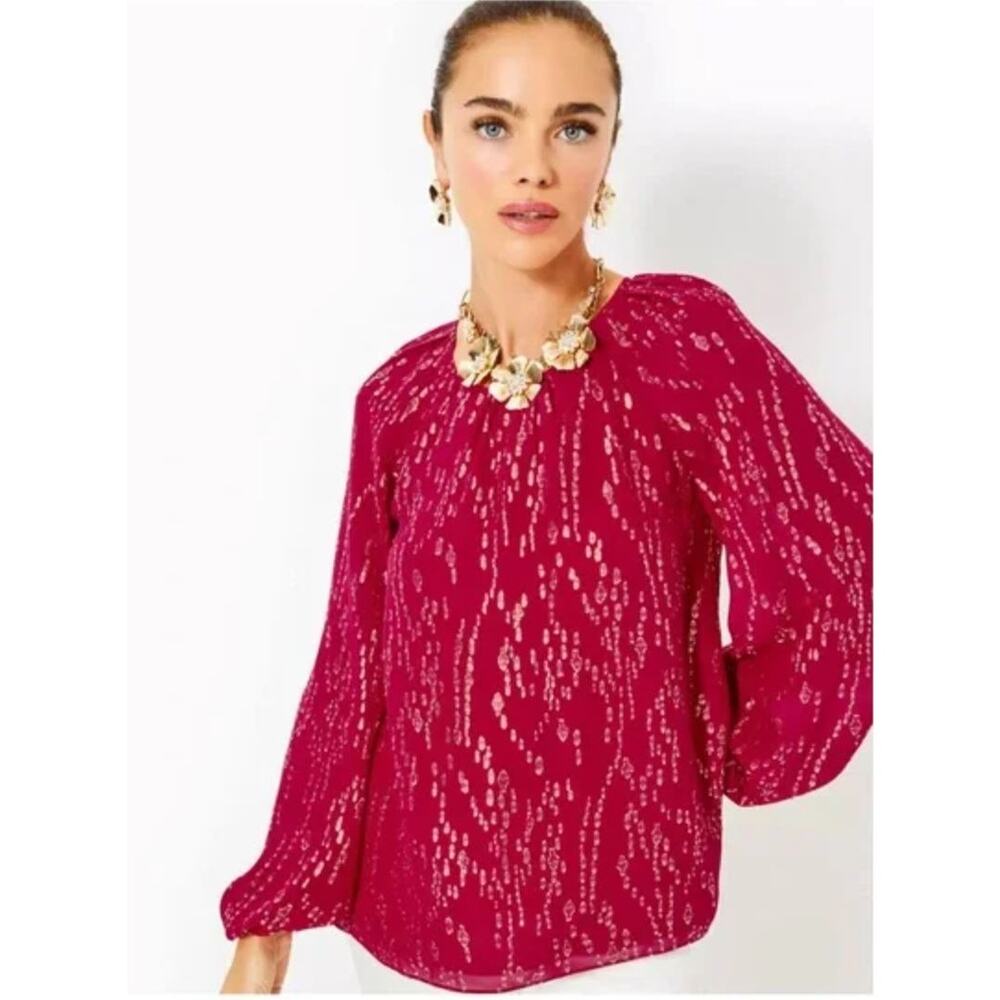 Lilly Pulitzer Noraleen Silk Top XL Red Gold Metallic Chiffon Blouse Dressy